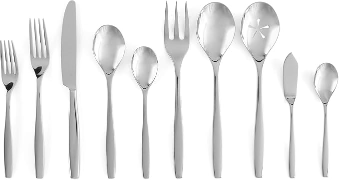 nambe Aidan Flatware Set, 45-Pc Set, 18/10 Mirror Stainless Steel Silverware Cutlery Set, Designed for Home Kitchens or Restaurants, Service for 8 and a 3pc Hostess Utensil Set, Dishwasher Safe