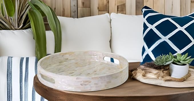 PEMAR 12.6” Mother of Pearl Round Serving Tray with Handles, Decorative Nacred Wooden Ottoman Coffee Table Tray (White Tiles)