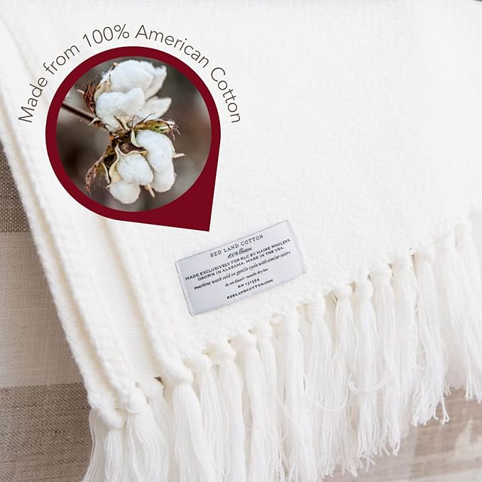 Red Land Cotton | American-Made 100% Cotton Throw Blanket | Soft, Breathable Basket Weave Blanket | Easily Laundered | White