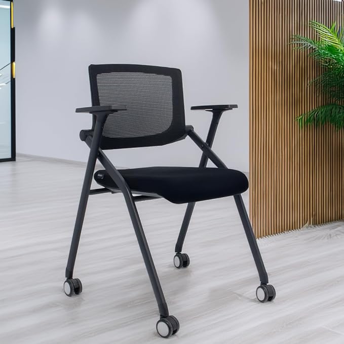 4 Pack Stackable Conference Room Chairs with Wheels and Paddle, Ergonomic Mesh Back and Arms for Meeting, Conference, Reception, Training Room & Home Office Desk Folding Chairs (2 Boxes)