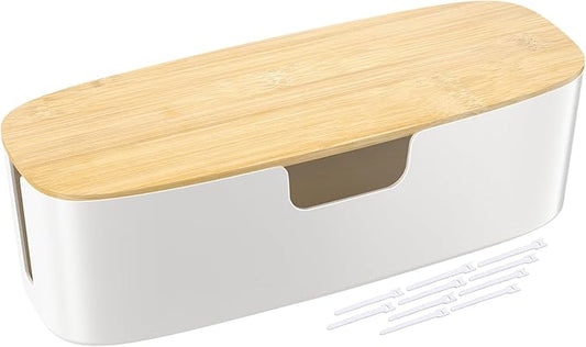 Large Cable Management Box - Cord Organize Box with Bamboo lid for Safe Home & Office, Cord Hider for Power Strip Under Desk, Cover TV Wires, Child & Pet Proof Cord Box, White
