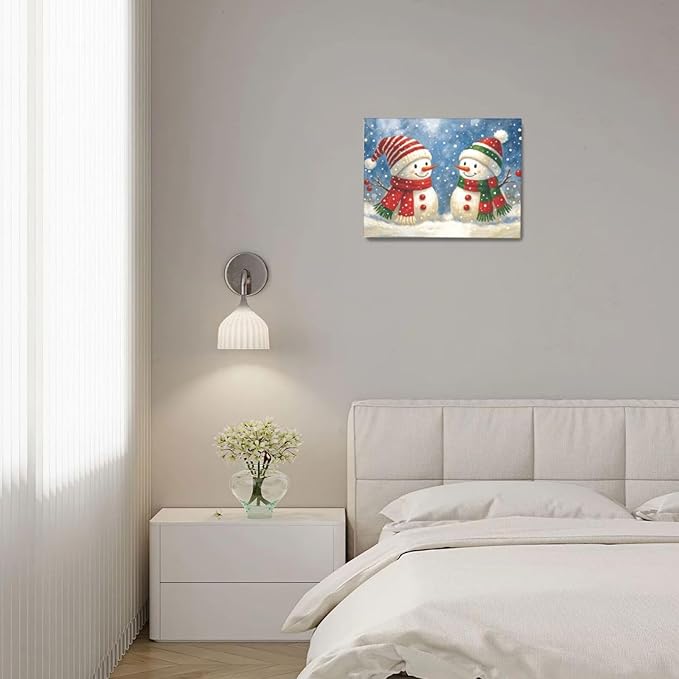 Christmas Snowman Wall Art Winter Holidays Canvas Wall Decor Pictures Paintings Prints Artwork Framed Decorations For Bathroom Bedroom Living Room Office Gifts 16" x 12"