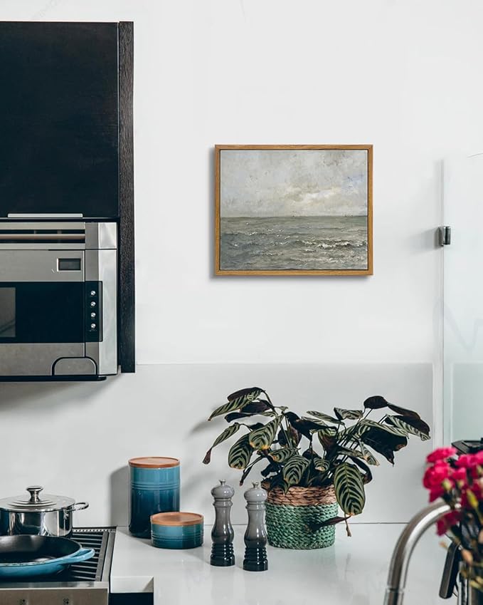 VIYYIEA Framed Canvas Wall Art Home Decor, Vintage Seascape Paintings Wall Decor, Ocean Art for Living Room Bedroom Bathroom, 9"x11"