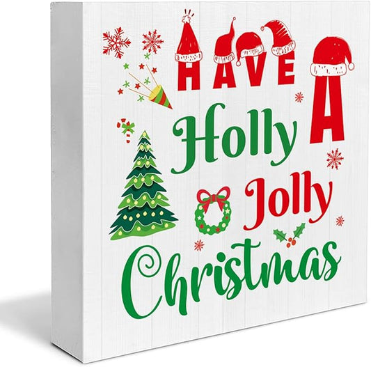 Indoor Christmas Decorations, Have a Holly Jolly Christmas Wooden Sign Decor, Farmhouse Christmas Wooden Block Sign, Christmas Home Decor for Table Shelf 5 x 5 Inch