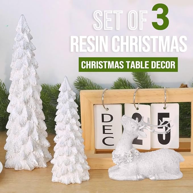 3 Pack Christmas Trees and Reindeer Figurines Decoration- 2 Glittered Christmas Tree Statues and 1 Deer Vintage Christmas Decor Set, Resin Ornaments Tabletop Shelf Office Display Stand Indoor(Silver)