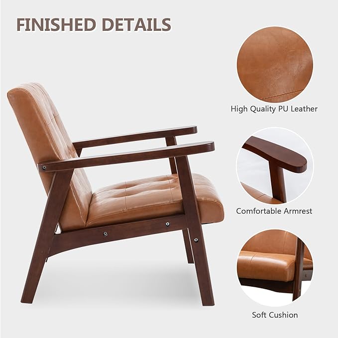 Bonzy Home Mid Century Modern Accent Chair Set of 2 for Living Room, Upholstered Faux Leather Armchair Comfy Retro Bedroom Side Chair with Solid Wood Frame, Orange