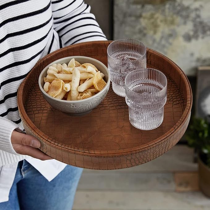 HofferRuffer Faux Leather Round Serving Tray, Vegan Croco Leather Decorative Food Tray for Storage Drinks, Snack & Cosmetics, Dia.12'' x 1.6'' (Antique Brown)