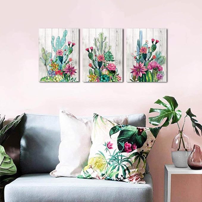 3 Piece Framed Wall Art Watercolor Tropical Plant Desert Cactus Canvas Print for Bedroom Bathroom Spiny Flower Artwork Home Office Wall Decoration 12x16 3 panels Decor