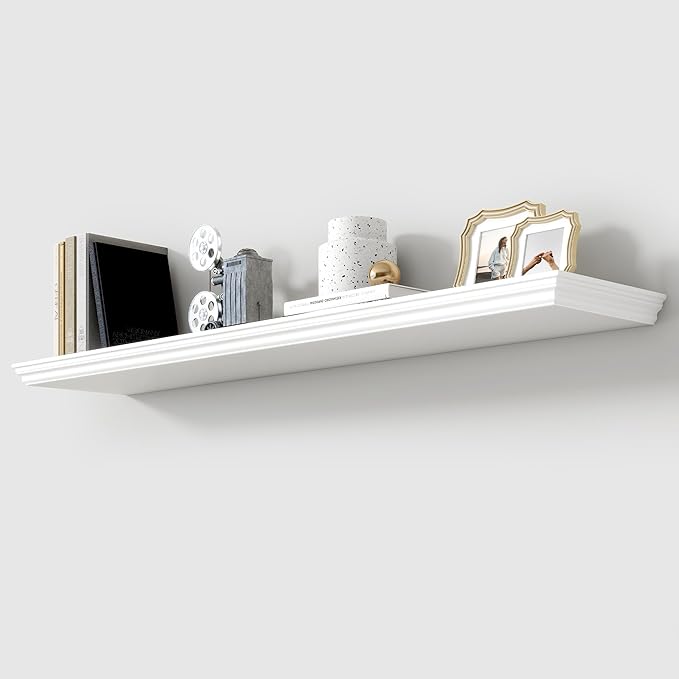 Axeman 48 Inch Floating Shelves for Wall, 9.3" Deep Crown Molding Wood Display Shelf with Heavy Duty Invisible Brackets for Living Room, Bedroom, Bathroom, Kitchen Decor & Storage, Set of 1, White