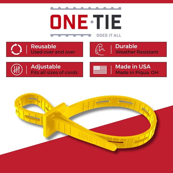 ONE TIE 14-Inch Reusable Zip Ties, Large Cable Management & Cord Organizer Zip Ties for Home, Office, and Industrial Use, Great for Gardening, Weather Resistant, Indoor/Outdoor Use, USA, 10pcs,Yellow