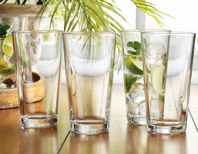 Drinking Glasses Set. Highball Glass Cups 17 oz by Home Essentials Water Colins Cooler Beverage Glassware. For the Bar, Beer, Juice, Iced Tea, and Cocktails. Dishwasher Safe. (Set of 4)