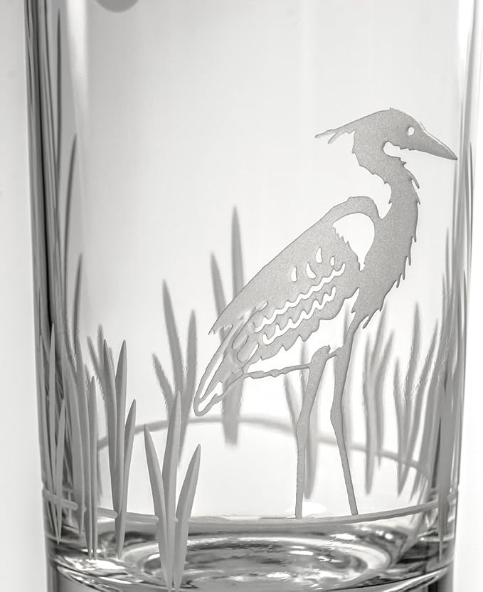 Rolf Glass Heron Highball Glass | 15oz Set of 2 Cooler Glasses | Lead-Free and Engraved | Heavy Base | Designed and Engraved in the USA | Coastal Glassware with Bird Design