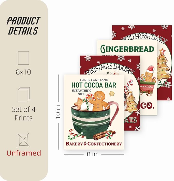 ETVISO Gingerbread Christmas Decorations, Gingerbread Christmas Wall Art Prints Set of 4, Winter Holiday Baking Lover Gifts Home Decor, Xmas Bakery Hot Cocoa Porch Wall Decor, 8x10 (Unframed)