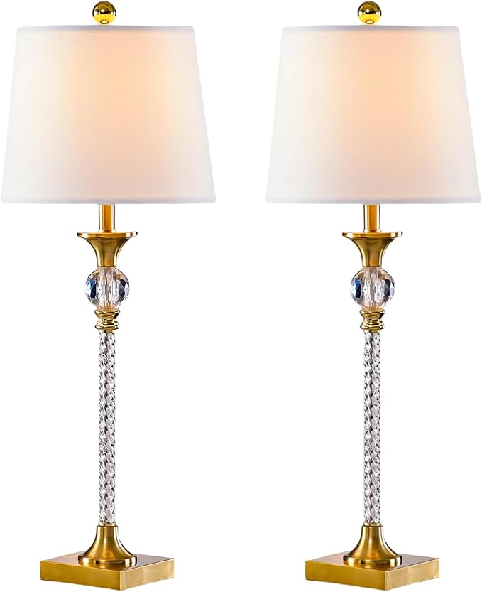 Maxax Crystal Buffet Table Lamps Set of 2, Modern 30” Tall Brass Gold Bedside Nightstand Lamp with White Shade for Living Room Bedroom End Table