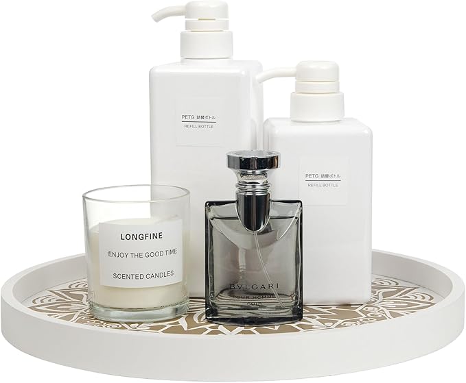 Rustic Round Wood Decorative Coffee Table Tray Farmhouse Decor with Wood Texture Boho Ottoman Serving Tray for Kitchen Counter Home (White)