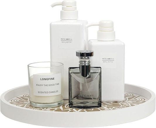 Rustic Round Wood Decorative Coffee Table Tray Farmhouse Decor with Wood Texture Boho Ottoman Serving Tray for Kitchen Counter Home (White)