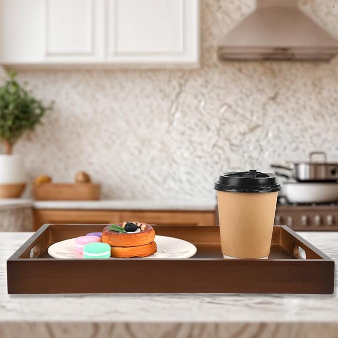 Bamboo Wood Serving Tray with Handles(14.96x10.24x1.57 inches) – Elegant Decorative Platter for Breakfast in Bed, Lunch, Dinner, Appetizers, BBQ, Parties & More – Perfect for Couch and Drawing Room.