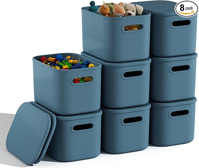 8 Pack Blue Storage Bins with Lids for Shelves, Classroom Storage Bins, Stackable Colored Bins, Plastic Storage Containers with Lids for Organizing, Storage Boxes for Craft, Art Supplies
