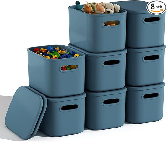 8 Pack Blue Storage Bins with Lids for Shelves, Classroom Storage Bins, Stackable Colored Bins, Plastic Storage Containers with Lids for Organizing, Storage Boxes for Craft, Art Supplies