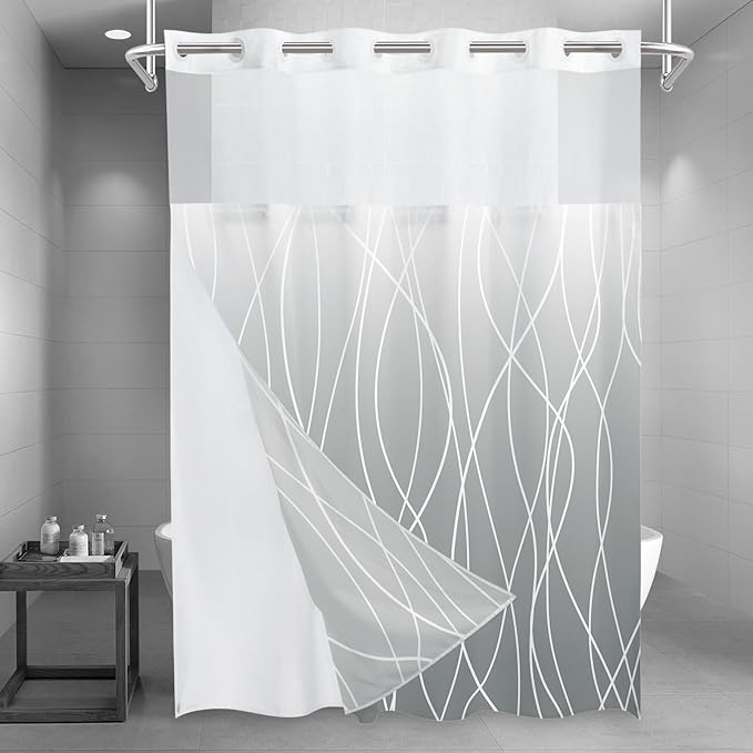 No Hook Ombre Light Grey Striped Long Shower Curtain with Snap in Fabric Liner Set - Hotel Shower Curtain and Liner Set with See Through Mesh Top Window,Machine Washable, 71x86 INCH