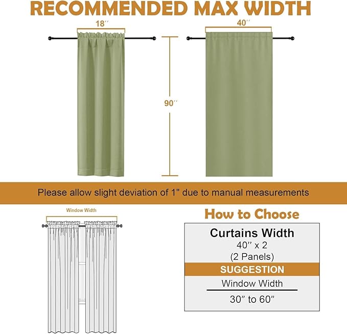 Aiyufeng Sage Green Blackout Curtains for Bedroom 90 Inches Long 2 Panels Set, Solid Privacy Energy Saving Living Room Window Treatment Curtains Blackout Drapes, W40 x L90 Inch, Sage Green