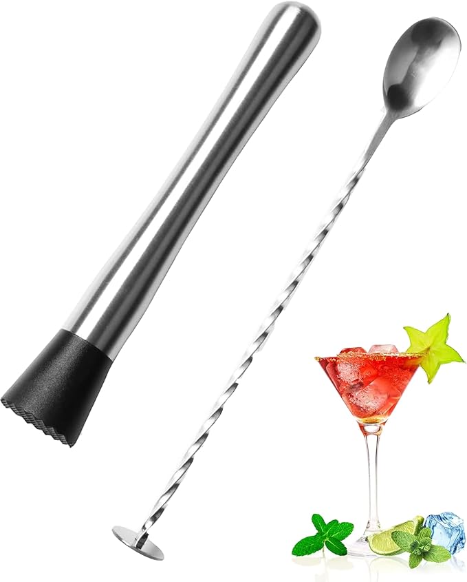 Stainless Steel Cocktail Muddler & Mixing Spoon Set — 10 Inch Bar Tool Kit for Home Bartenders, Ideal for Mojitos, Margaritas, Mint & Fruit Cocktails, Silver