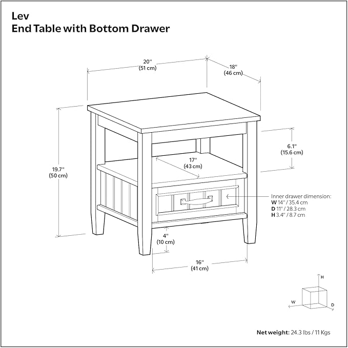 SIMPLIHOME Lev SOLID WOOD 20 Inch Wide Rectangle Transitional End Table with Bottom Drawer in Smoky Brown, For the Living Room and Bedroom