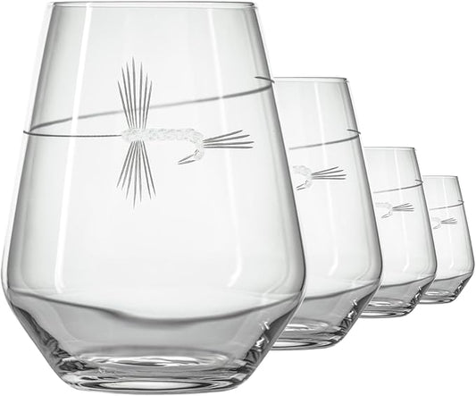 Rolf Glass | Fly Fishing Stemless Wine Tumbler 18 ounce | Stemless Wine Glasses | Set of 4 | Lead-Free Glass | Engraved Tumbler Glasses | Made in the US