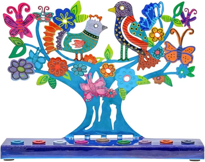 Yair Emanuel Menorah for Hanukkah | Colorful Hand Painted Design | Judaica Gift (Birds & Butterflies (HAY-1))