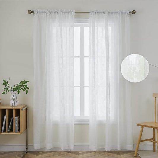Joydeco White Sheer Curtains 84 Inch Length 2 Panels Set, Rod Pocket Linen Sheer Curtain Drapes, Voile Window Treatments for Bedroom Living Room (54x84 inch，Cross Pattern)