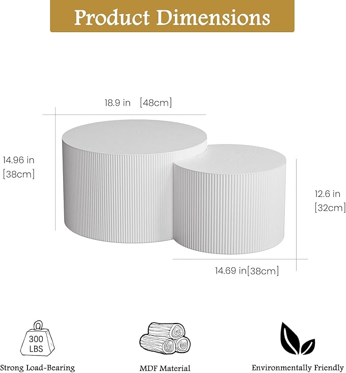 Round Coffee Table Set of 2 Modern Nesting Coffee Tables Wooden Drum Coffee Tables with Non-Slip Feet, Circle Nesting Tables End Table for Living Room Office, No Assembly (Cream 18.9"+14.96")