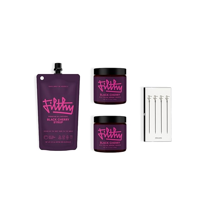 Filthy Black Cherry Whiskey Cocktail Kit, Premium Cocktail Kit for Old Fashioneds and Manhattan Cocktails at Home, Includes Black Cherry Syrup, Black Cherries & 4 Stainless Steel Cocktail Picks