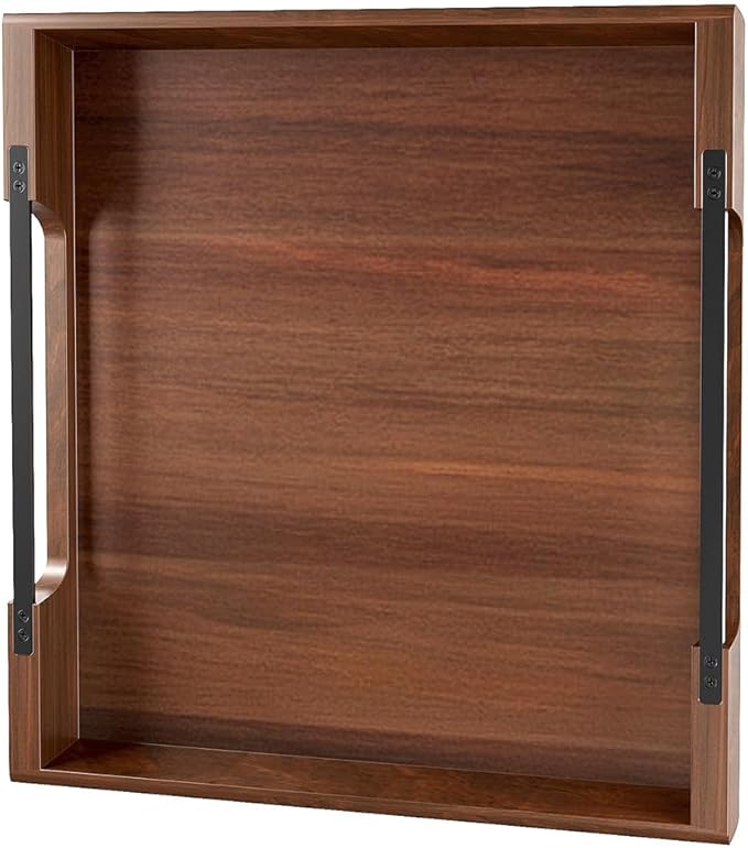Large Ottoman Tray: 20" Square Acacia Wood Serving Tray with Unique Metal Handles – Extra Large Decorative Tray for Coffee Table, Breakfast in Bed, Charcuterie, Kitchen, Living Room & Party