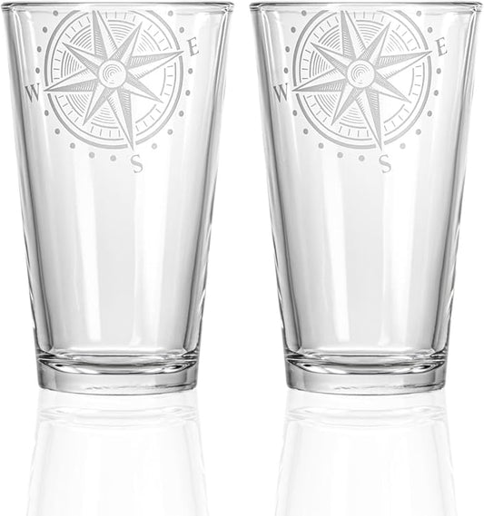 Rolf Glass Compass Star Pint Glass | 16oz Lead-Free Glass | Deep Sand Etched in the USA | Nautical Etched Design | Set of 2