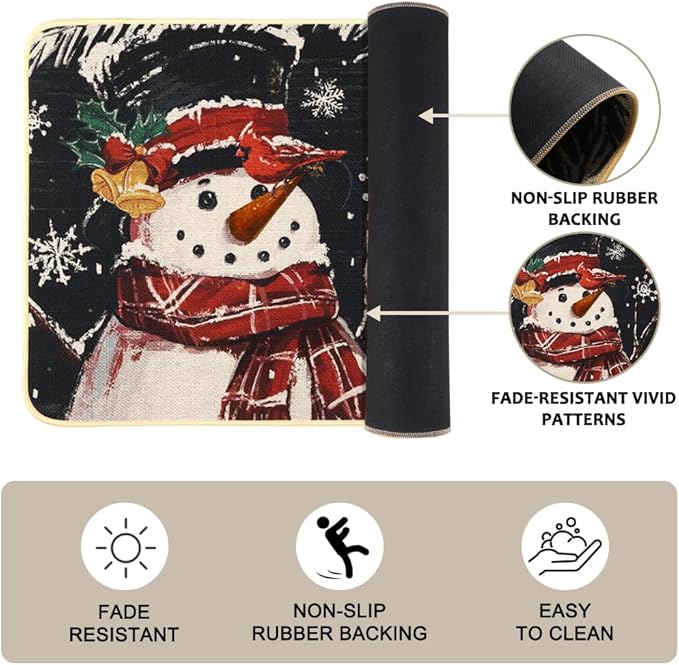 Snowman Christmas Trees Snowflake Christmas Kitchen Mats Set of 2, Black Winter Holiday Home Decor Kitchen Rugs for Floor 17x29 and 17x47 Inch
