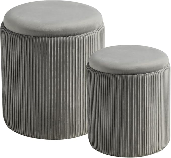 Round Set of 2 Ottoman with Storage-Upholstered Velvet Vanity Stool for Makeup Multifunctional Ottomans Coffee Table Padded Seat Foot Rest for Living Room&Bedroom (Ligth Grey)