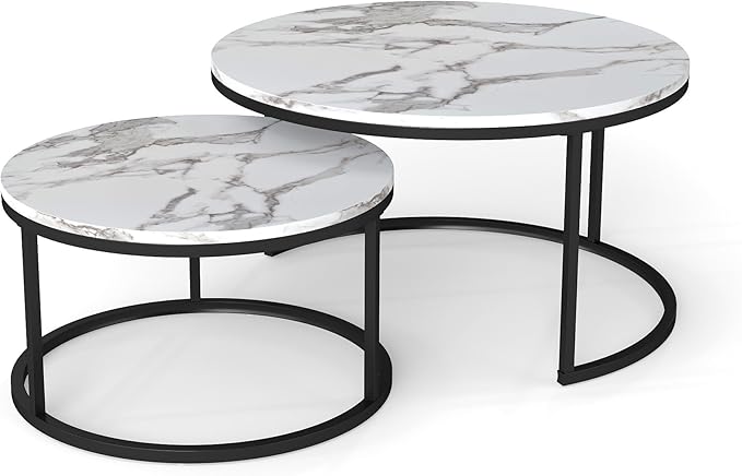 Nesting Coffee Table Set of 2, 31.5" Round Coffee Table Wooden Marble Pattern Accent Furniture, Industrial End Table for Living Room Bedroom Balcony (White/Black)