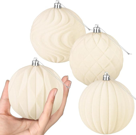 4 Pcs 4 Inch Large Velvet Christmas Ball Ornaments Vintage Christmas Plastic Ball Ornaments Flocked Tree Hanging Decoration for Xmas Party Wedding Home Decor(Beige)