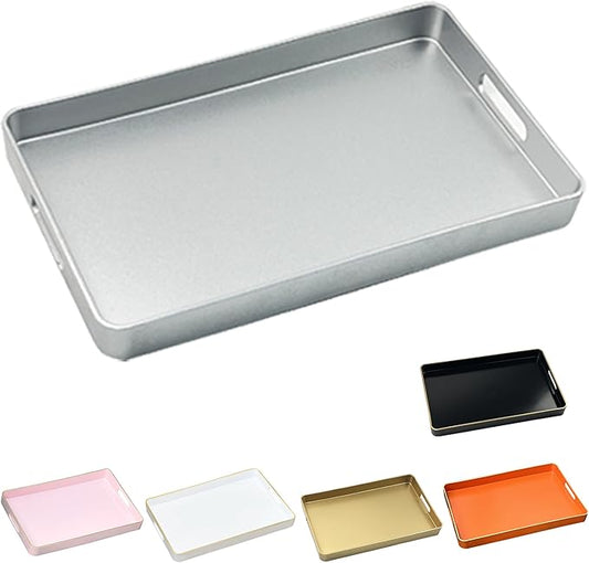 Serving Tray with Gold Trimming,Rectangular Sturdy Serving Trays with Handles, Coffee Table Tray Plastic Tray for Ottoman Living Room, Bathroom,Home Decor 15.7" L x 10.2" W x 1.57" H(Silver)