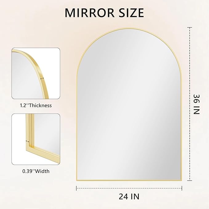 Arched Wall Mirror for Bathroom,Mirrors for Wall,24''x36'',Vanity Mirror for Bedroom Dresser, Entryway, Living Room, Metal Frame (36''x24'',Gold)