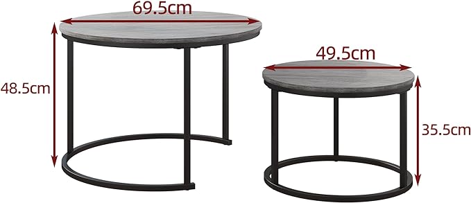 HOJINLINERO Nesting Round Coffee Table Set of 2 End Tables for Living Room,Grey Coffee Table Wooden Accent Furniture with Metal Frame,Stacking Side Tables,Black+Warm Grey