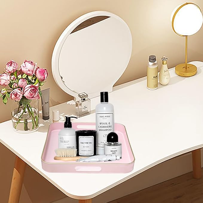 Serving Tray with Gold Trimming, Square Decorative Serving Trays with Handles, Coffee Table Tray Plastic Tray for Ottoman Living Room, Bathroom,Home Decor 13" L x 13" W x 1.57" H(Pink)