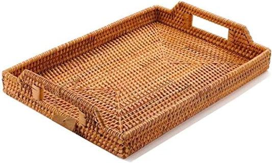 Hand-Woven Rattan Serving Tray with Handles for Breakfast, Drinks, Snack for Dining/Coffee Table (14.5 inch (37 cm), Rectangular)