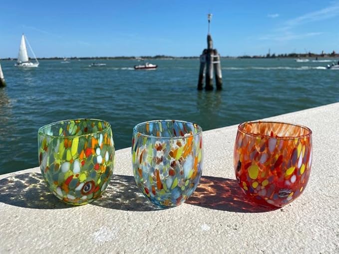 MAZZEGA ART & DESIGN - Set of 6 Handcrafted Blown Glass Water Glasses with Refined and Original Murano Murrine - The Colors of Murano - 'Classic 9,8 oz' Model. Made in Italy (1, 6 Color Mix)