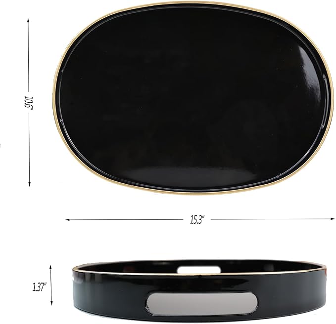 Black Oval Decorative Tray with Handles, Versatile Serving Tray for Coffee Table, Ottoman, Ideal for Serving, Displaying, Organizing