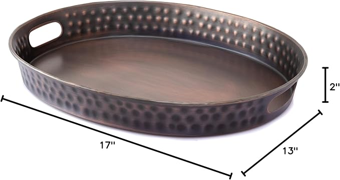 Monarch Abode Hand Hammered Metal Serving Tray with Handles, 17-Inch Antique Copper Finish– Oval Serving Platter, Large Serving Tray for Party, Fruit Platter, Dessert Trays, Serving Dishes