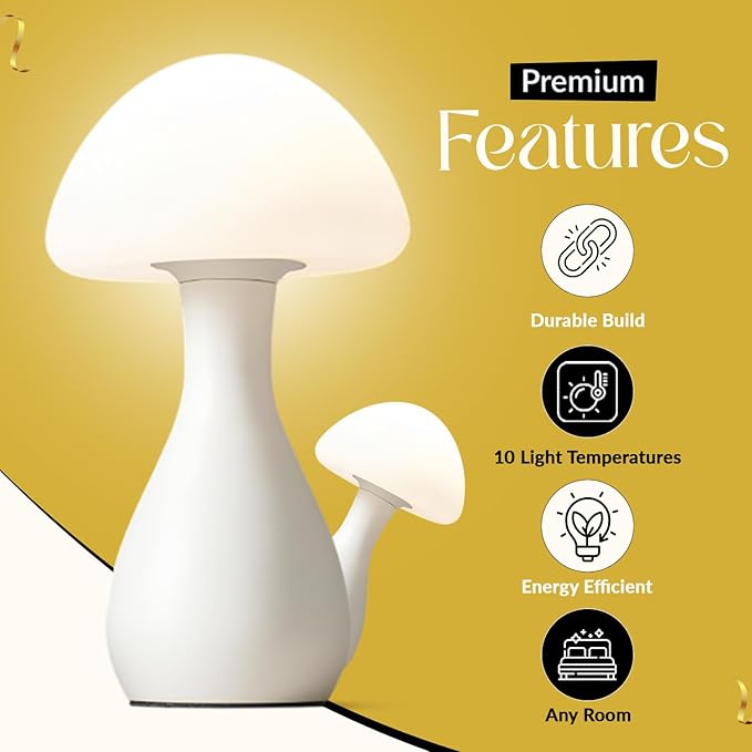 Mushroom Table Lamp - Stylish and Durable Night Light, Modern Nightstand Table Lamp with 10 Adjustable Light Temperatures, Bedside Lamp for Unique, Aesthetic Home Decor