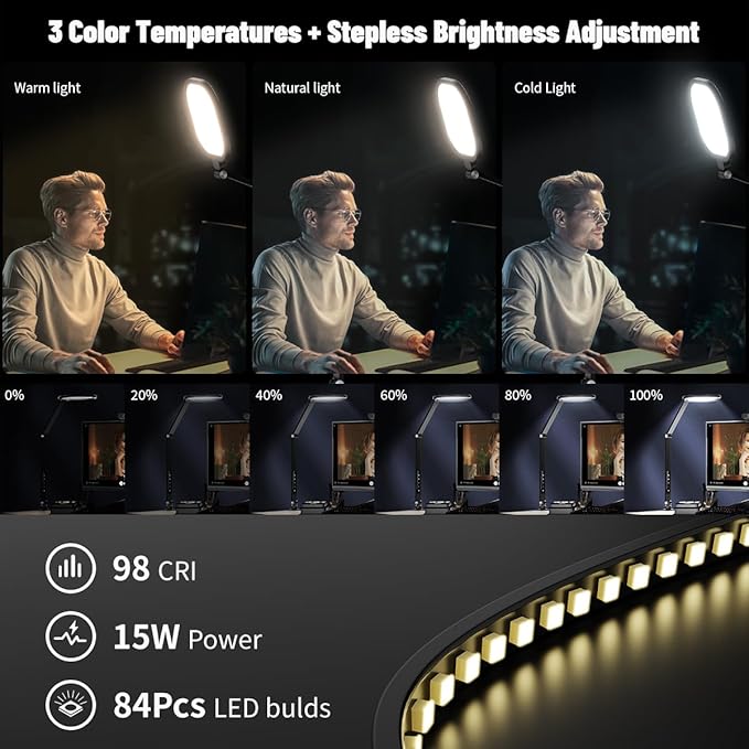 2Pack Video Conference Lighting, Zoom Lighting for Computer with Clamp, 30 Light Modes, Eye Caring Swing Arm Desk Light with Memory & Timing Func for Home Office, Video Call, Video Conferencing