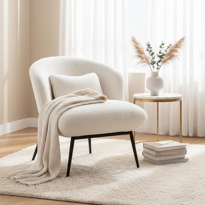 LukeAlon Modern Sherpa Accent Chair Upholstered Single Sofa Chair with Pillow & Black Metal Legs, Comfy Vanity Chair for Living Room, Bedroom, Office, White