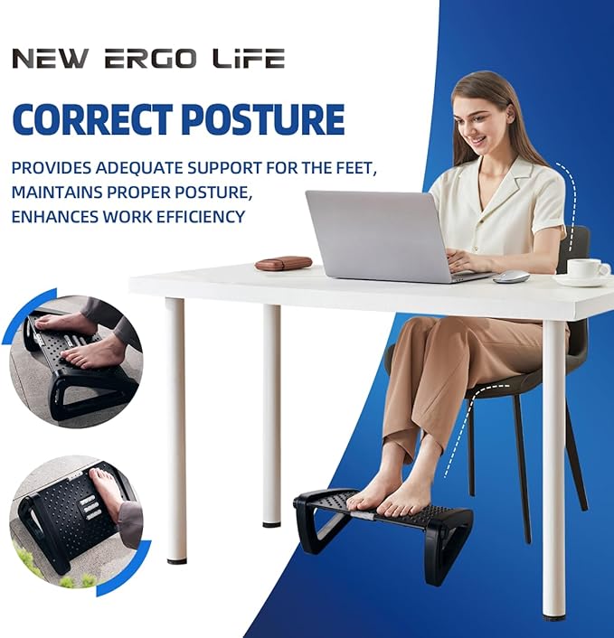 Ergo Life Adjustable Footrest Under Desk, Comfort Foot Stool at Work, 6-Position Multi-angle Adjustable Foot Pedal, Ergonomic Posture Support, Office and Home (Black)